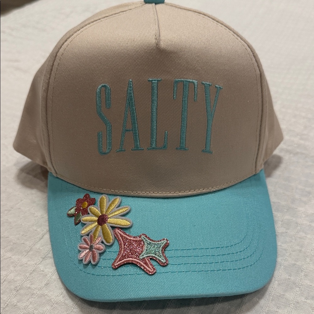 Beige and Blue 'Salty' Cap with Floral Accents